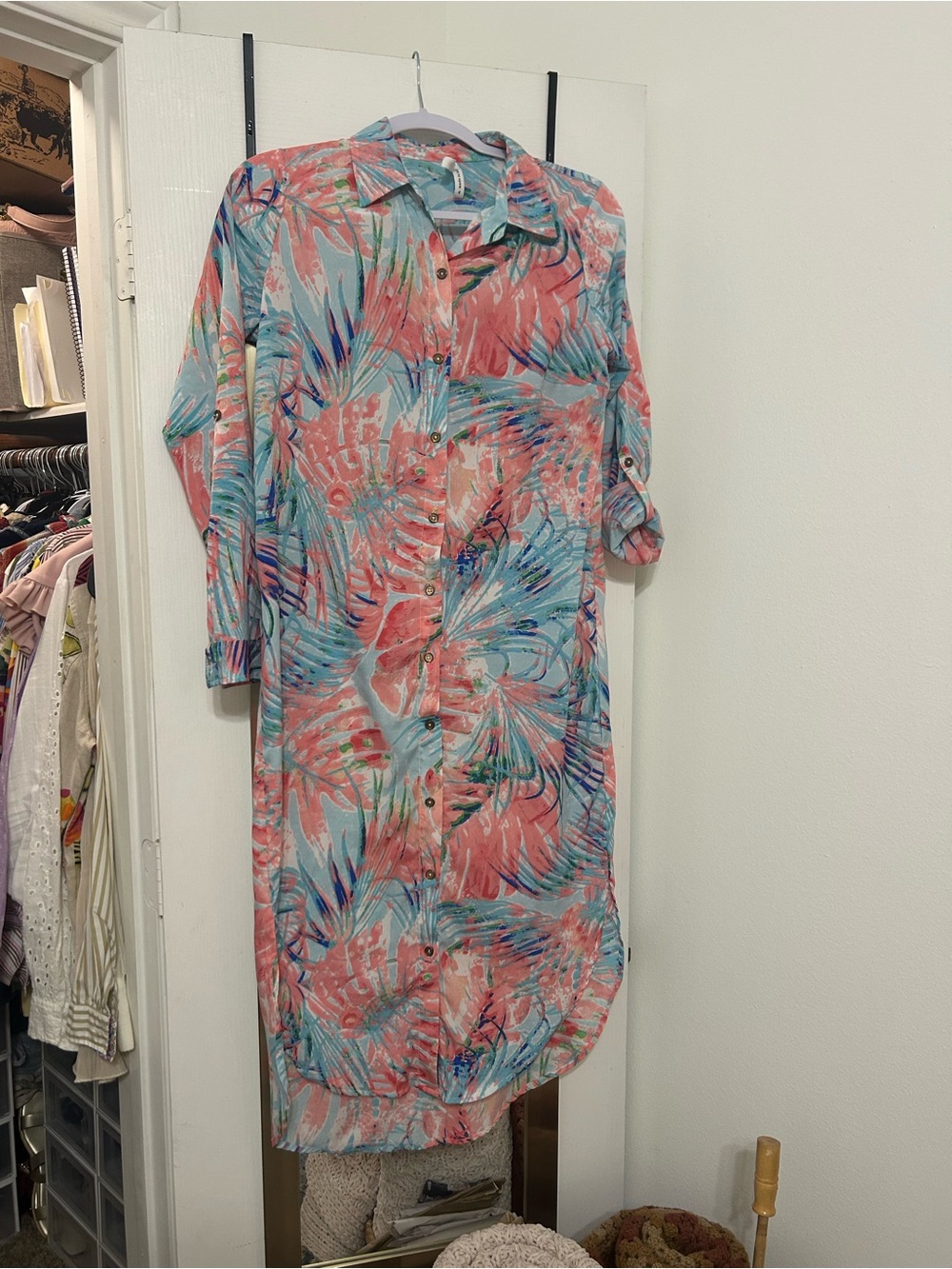 Truly 4 You - Lightweight Coral & Aqua Floral Midi Collared/Button Shirt Dress